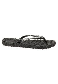 Black textured sole flip-flop with glossy black thong straps decorated with silver sequins on a white background.