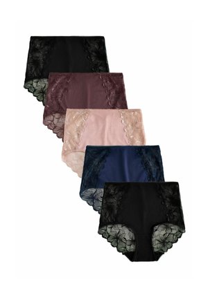 Fünf Damenunterhosen mit hoher Taille in Schwarz, Burgund, Pink, Marineblau und Schwarz mit floralen Spitzeneinsätzen an den Seiten und am Saum.