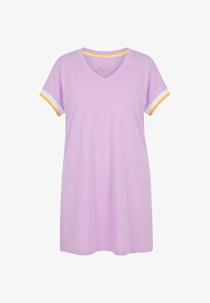 Lilla kortærmet kjole med V-hals og kontrasterende hvid og orange kant ved ærmekanter og indersiden af halsudskæringen.