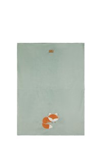 Weiche, mintgrüne Decke mit einem plüschigen, gestickten Fuchsdesign in Orange und Weiß; enthält ein angenähtes Markenlabel in der Ecke.