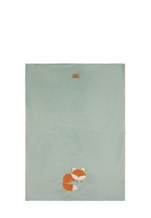 Weiche, mintgrüne Decke mit einem plüschigen, gestickten Fuchsdesign in Orange und Weiß; enthält ein angenähtes Markenlabel in der Ecke.