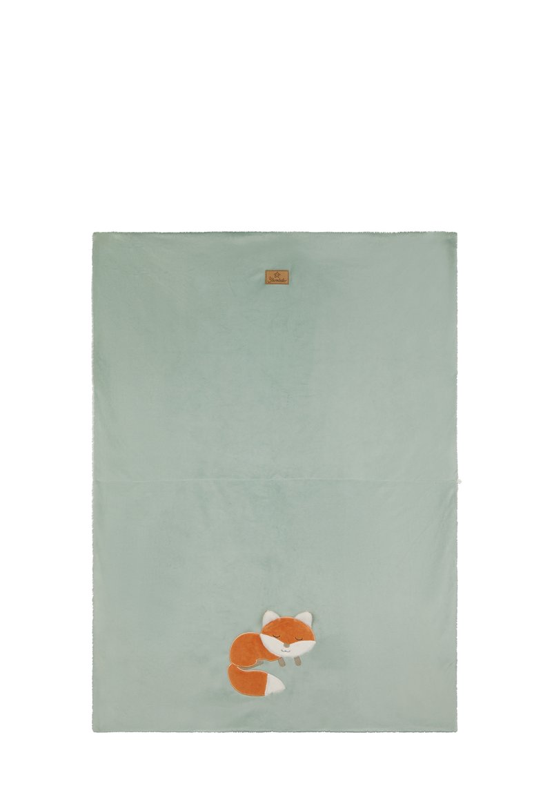 Weiche, mintgrüne Decke mit einem plüschigen, gestickten Fuchsdesign in Orange und Weiß; enthält ein angenähtes Markenlabel in der Ecke.