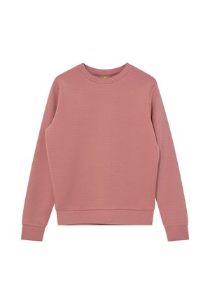 Pitkähihaisen pölyisen vaaleanpunaisen pyöreäkauluksisen collegepaidan hihat ja helma ovat resoria, vaatetta esitetään tasossa valkoisella taustalla.