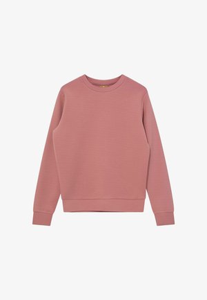 Růžová mikina s dlouhým rukávem, kulatým výstřihem a žebrovanými manžetami a lemem, položena na bílém pozadí.