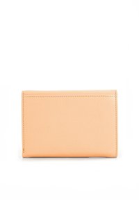 Rectangular wallet in soft peach leather, featuring textured surface, stitched edges, and a minimalistic design. No visible branding or hardware.