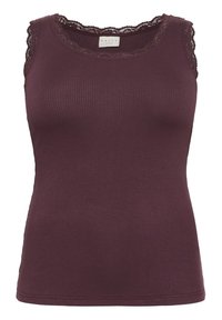 Burgundské žebrované tílko s vlnitým krajkovým lemem kolem výstřihu a armhole. Přiléhavý design s jemnou texturou a bezrukávový styl.