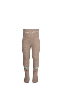 Braune Strickleggings mit elastischem Bund. Die unteren Beine sind mit einem hellblauen Baum- und orangefarbenen Fuchs-Motiv verziert. Weicher Stoff.