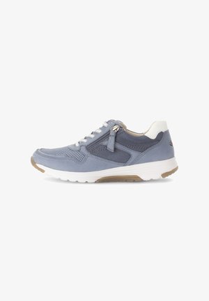 Light blue athletic shoe made of suede and mesh, featuring a lace-up design, perforated detailing, and a white sole with a textured grip.