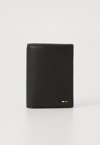 Black leather wallet with a pebbled texture, bi-fold design, and embossed branding. Features minimal gold and silver accent details.