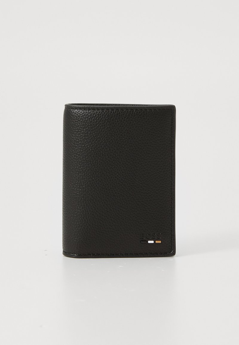 Black leather wallet with a pebbled texture, bi-fold design, and embossed branding. Features minimal gold and silver accent details.
