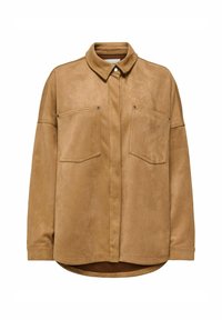 Bruin suède shirtjack met een kraag, twee voorzakken met kleppen en een afgeronde zoom voor een relaxte pasvorm.