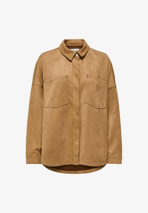 Brown suede shirt jacket featuring a collared neckline, two front pockets with flaps, and a rounded hem for a relaxed fit.