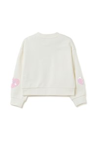 Geknipte witte sweatshirt met lange mouwen, versierd met roze sequins hartontwerpen op elke arm. Zacht materiaal met geribde manchetten en zoom.