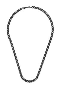 Kæderekæde i sort metal, med store led. Måler en kontinuerlig løkke med en låseklipslukning, der fremviser en glat, blank finish.