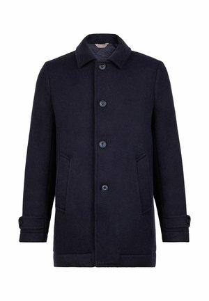 Marineblauwe wollen mix jas met een klassieke kraag, vijf knopen aan de voorkant en twee zijzakken. Bevat knoopsluiting bij de manchet voor een verstelbare pasvorm.