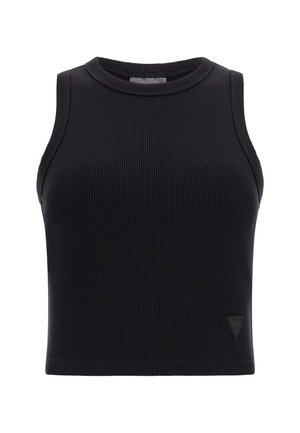 Musta ribbed-mallin hihaton crop-top, jossa on pyöreä kaula-aukko ja pieni logotehoste helman kohdalla. Sujuva pinta ja tiukka muotoilu.