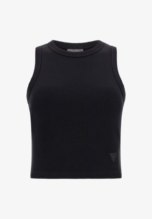 Black ribbed sleeveless crop top with a round neckline and a small logo accent on the hem. Smooth texture with a fitted design.