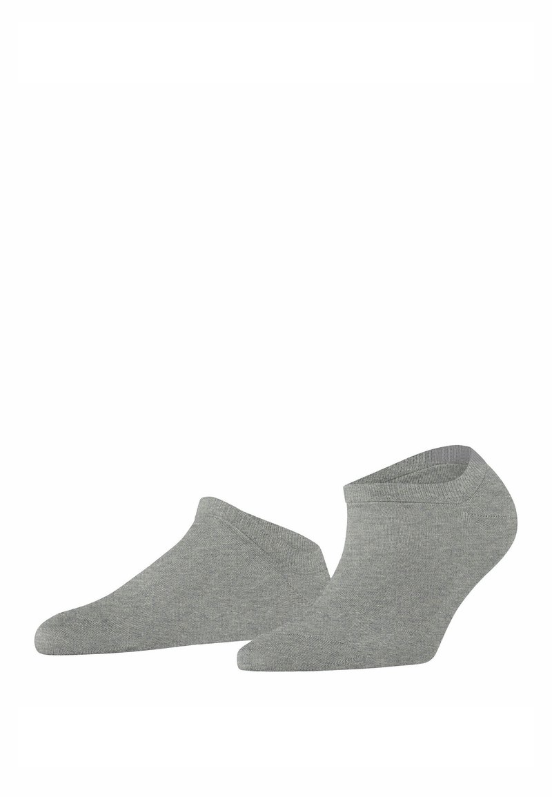 Graue Knöchelsocken aus einem glatten, dehnbaren Material. Sie haben ein niedrig geschnittenes Design mit einem gerippten Bund und keine sichtbaren Muster oder Akzente.