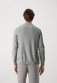 Grijze lichtgewicht trui met lange mouwen, geribbelde kraag en zoom, gemaakt van zacht materiaal, met een eenvoudig, naadloos ontwerp.