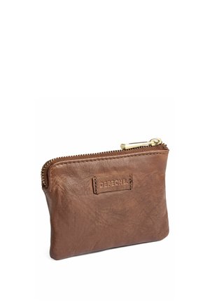 Porte-monnaie en cuir marron avec fermeture éclair dorée et étiquette embossée indiquant "DEPECHE" sur la face avant.
