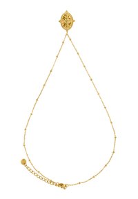 Collana d'oro con pendant ovale decorativo. Presenta una superficie testurizzata e una catena con piccoli accenti circolari. Si regola con una chiusura.