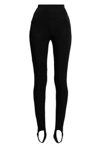 Svarta stickade leggings med rippad struktur, hög midja och utskärningar vid anklarna för en figurnära silhuett.