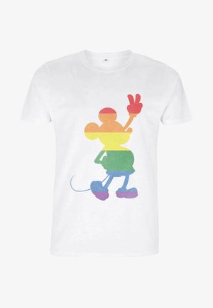 Biała bawełniana koszulka z wielokolorowym, wyblakłym sylwetką myszy wykonującą znak pokoju w jasnych, tęczowych kolorach.