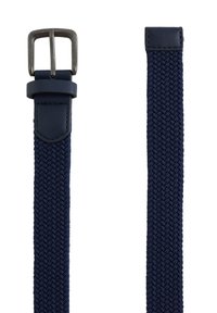 Tamsiai mėlyna austinė diržo juosta, pasižyminti tekstūrizuota medžiaga ir matinio sidabro tono metaliniu sagtimi. Dirže taip pat yra odinė detalė prie sagties.