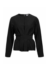 Blouse noire à manches longues avec un col rond, taille peplum plissée et fermeture éclair dissimulée dans le dos, en tissu doux et texturé.