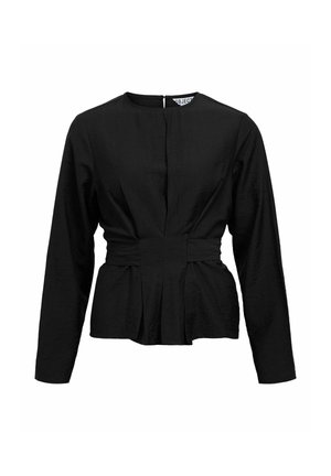 Black long-sleeve blouse with a round neckline, pleated peplum waist, and a concealed back zipper, featuring soft, textured fabric.