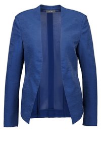 Blazer bleu avec un tissu lisse et texturé, design à ouverture frontale, manches longues et coupe droite, avec une doublure intérieure satinée.