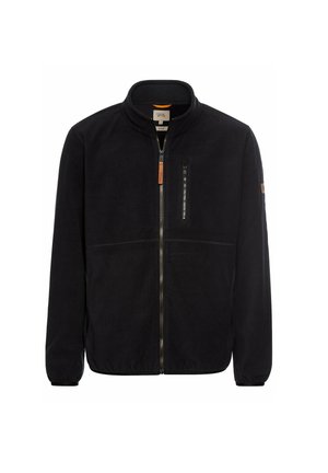 Zwarte fleecetrui met een staande kraag, voorrits en twee zakken. Kenmerkt zich door een contrasterende ritsaccent en minimale stikseldetails.