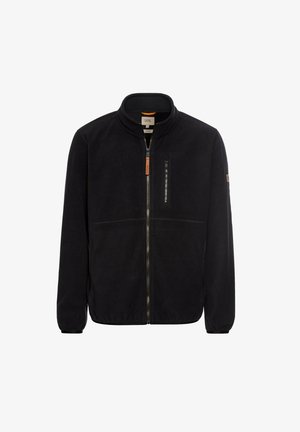 Schwarze Fleecejacke mit Stehkragen, Frontreißverschluss und zwei Taschen. Verfügt über einen kontrastierenden Reißverschlussakzent und minimalistische Nähdetails.