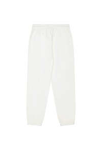 Pantalons blancs à taille élastique avec des poignets élastiques, présentant une texture lisse et un design droit simple. Pas de motifs ou d'accents supplémentaires.