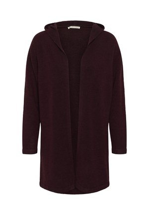 Cárdigan burdeos con capucha, abertura frontal, mangas tres cuartos, textura suave, sin cierres, ajuste relajado, tela lisa.
