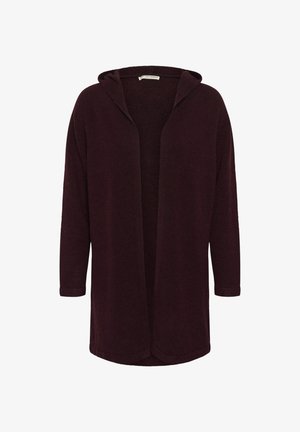 Bordo krāsas kapucēm piedurknēta kardigans ar atvērtu priekšu, trīs ceturtdaļu piedurknes, mīksts tekstūra, bez aizdares, brīvs piegriezums, gluds audums.