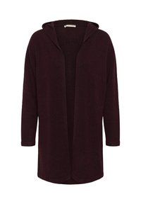 Burgundski jopič s kapuco, odprt sprednji del, tričetrtinski rokavi, mehka tekstura, brez zapenjanja, sproščen kroj, gladek material.