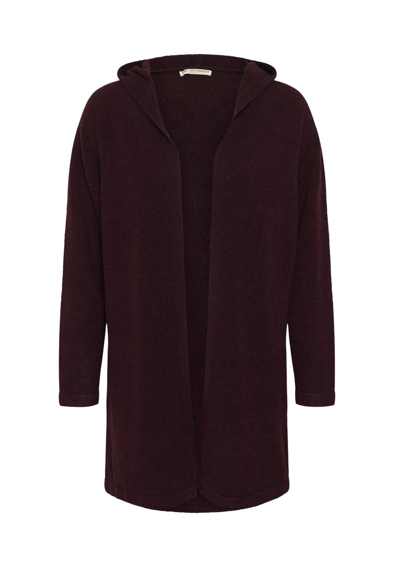 Burgundski jopič s kapuco, odprt sprednji del, tričetrtinski rokavi, mehka tekstura, brez zapenjanja, sproščen kroj, gladek material.
