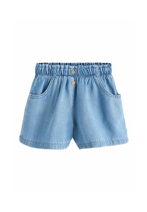Hellblaue Jeansshorts mit elastischem Bund, zwei Vordertaschen und zwei Holzknöpfen in der vorderen Mitte.