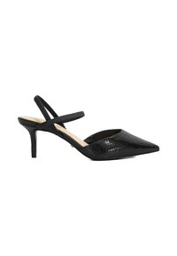 Black slingback heels with a pointed toe, featuring a textured faux snake skin pattern and thin cross straps. 3-inch stiletto heel.