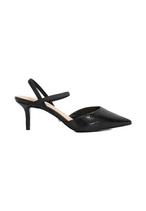 Black slingback heels with a pointed toe, featuring a textured faux snake skin pattern and thin cross straps. 3-inch stiletto heel.