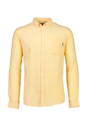 Helles gelbes Langarm-Hemd aus Leinen mit einer Brusttasche, Button-Down-Kragen und einem strukturierten, atmungsaktiven Stoff.