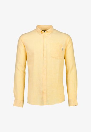 Helles gelbes Langarm-Hemd aus Leinen mit einer Brusttasche, Button-Down-Kragen und einem strukturierten, atmungsaktiven Stoff.