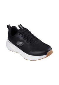 Black mesh athletic shoe with a white midsole and gum outsole. Features laces, a padded collar, and textured upper detailing.