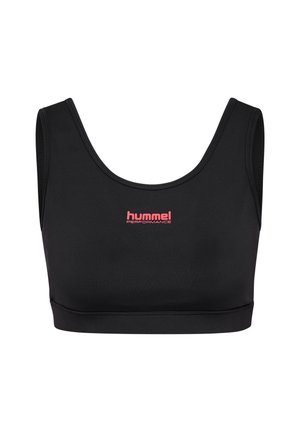 Zwarte sportbeha met een ronde halslijn en brede banden. Bevat een roze "hummel PERFORMANCE" logo op de voorkant, gemaakt van gladde, rekbare stof.