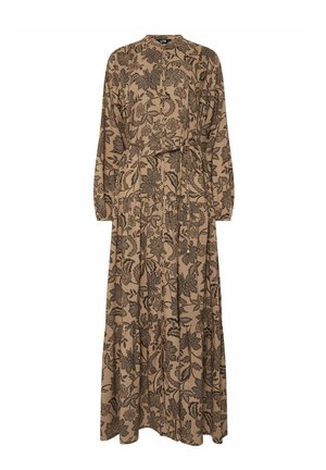 Robe longue beige avec imprimé floral noir, manches longues, fermeture boutonnée à l'avant et ceinture nouée à la taille.
