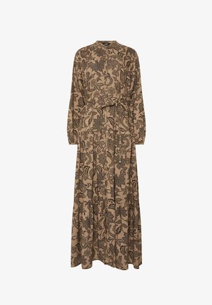 Robe longue beige avec imprimé floral noir, manches longues, fermeture boutonnée à l'avant et ceinture nouée à la taille.