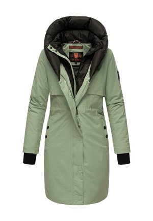 Green, insulated puffer jacket with a detachable black hood, zip closure, and ribbed black cuffs. Features button accents and a slim fit design.