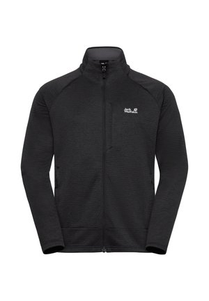 Zwarte fleecevest met een hoge kraag, ritssluiting en lange mouwen. Heeft een subtiel gestructureerd patroon en een klein logo op de borst.