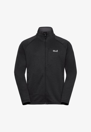 Zwarte fleecevest met een hoge kraag, ritssluiting en lange mouwen. Heeft een subtiel gestructureerd patroon en een klein logo op de borst.
